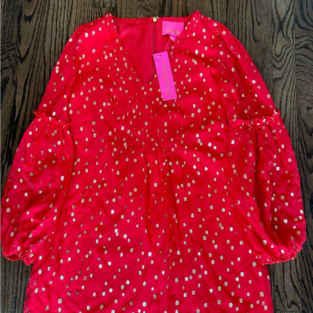 Lilly Pulitzer Cleme Silk Dress Ruby Red Gold Metallic Clip Dot 0 NWT